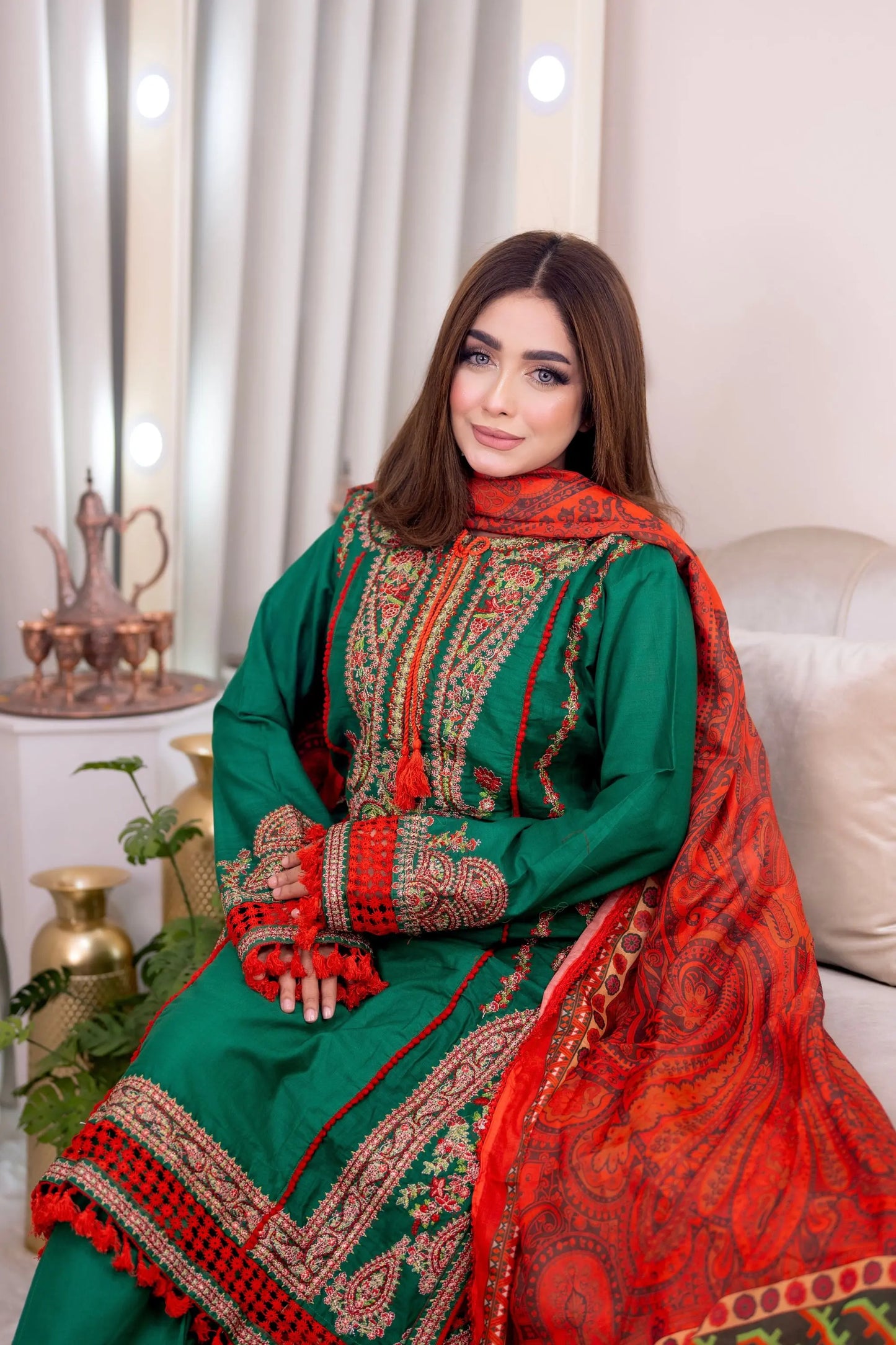 Green Cotton Embroidered Straight Three Piece