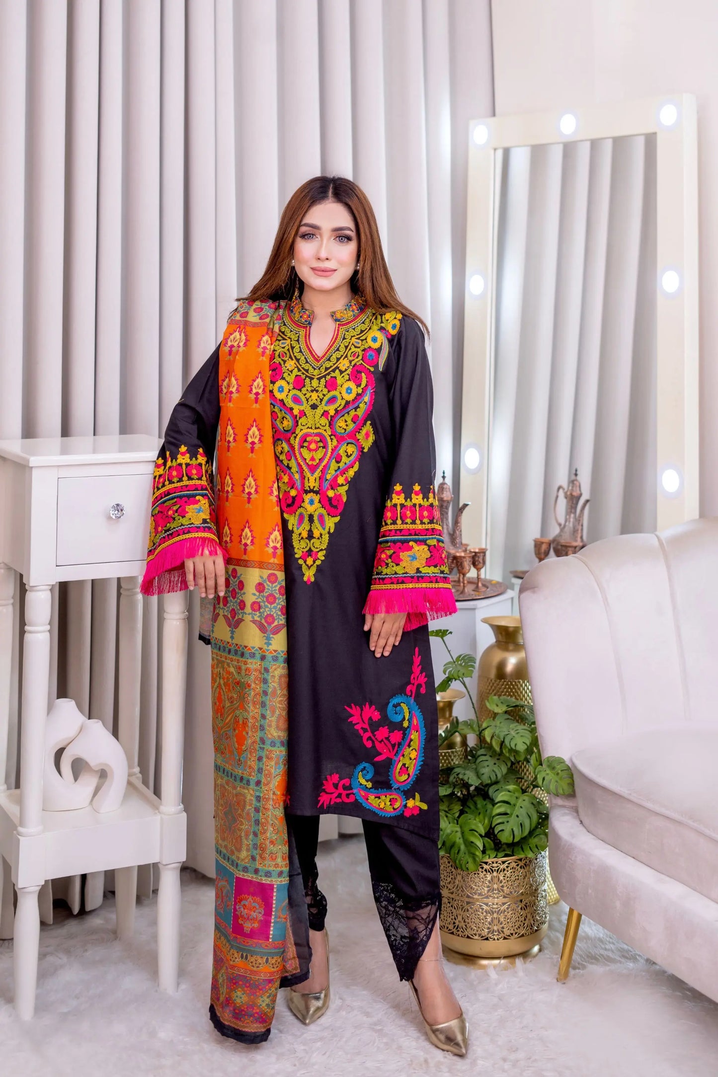 Midnight Black Multicolor Embroidered Three Piece