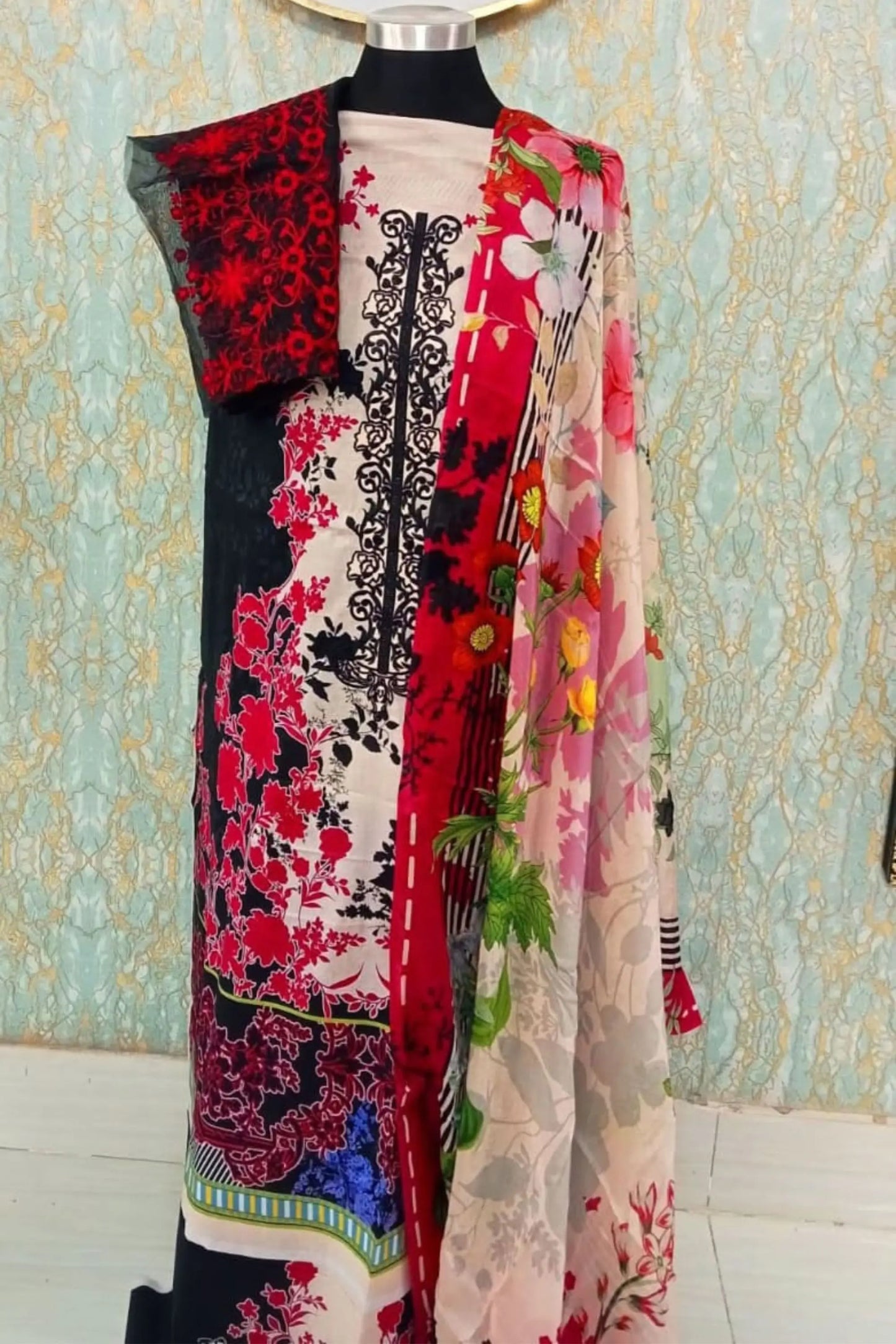 Crimson Bloom Printed Three Piece