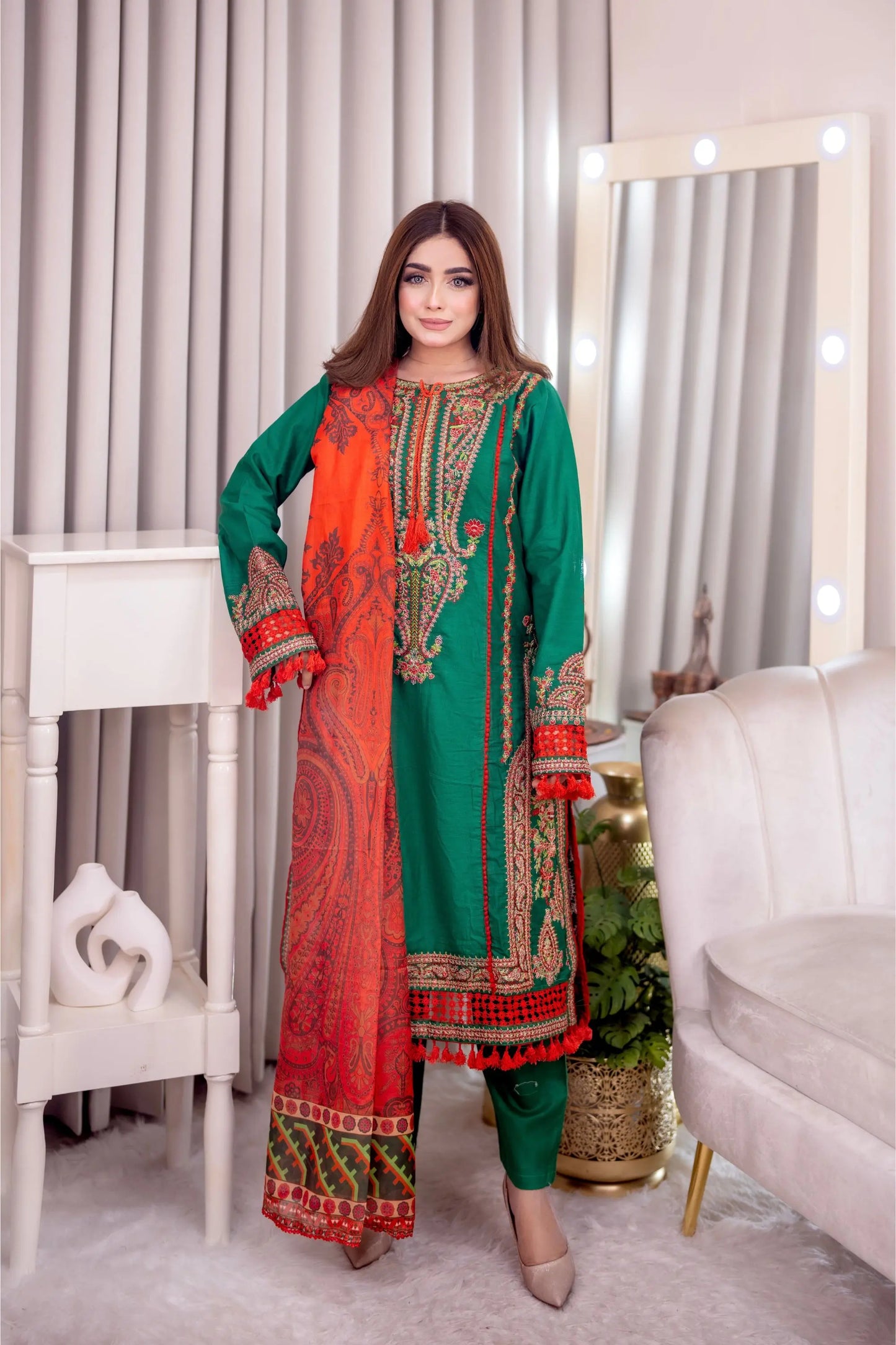 Green Cotton Embroidered Straight Three Piece