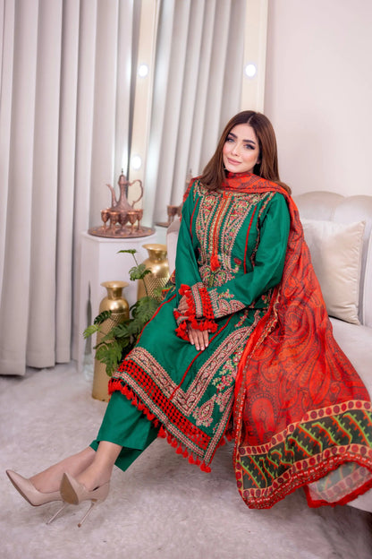 Green Cotton Embroidered Straight Three Piece