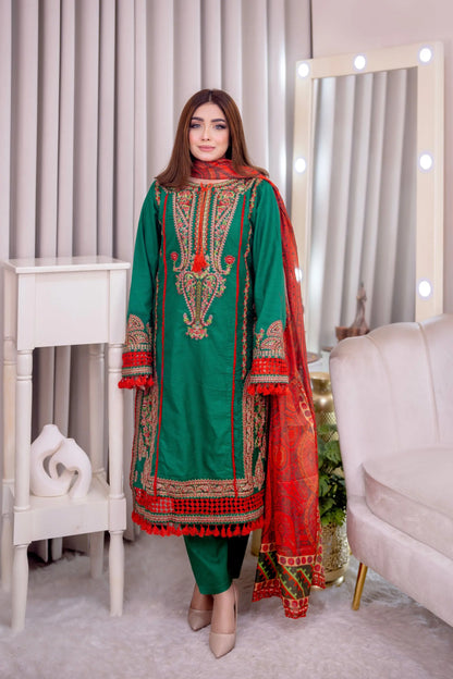 Green Cotton Embroidered Straight Three Piece