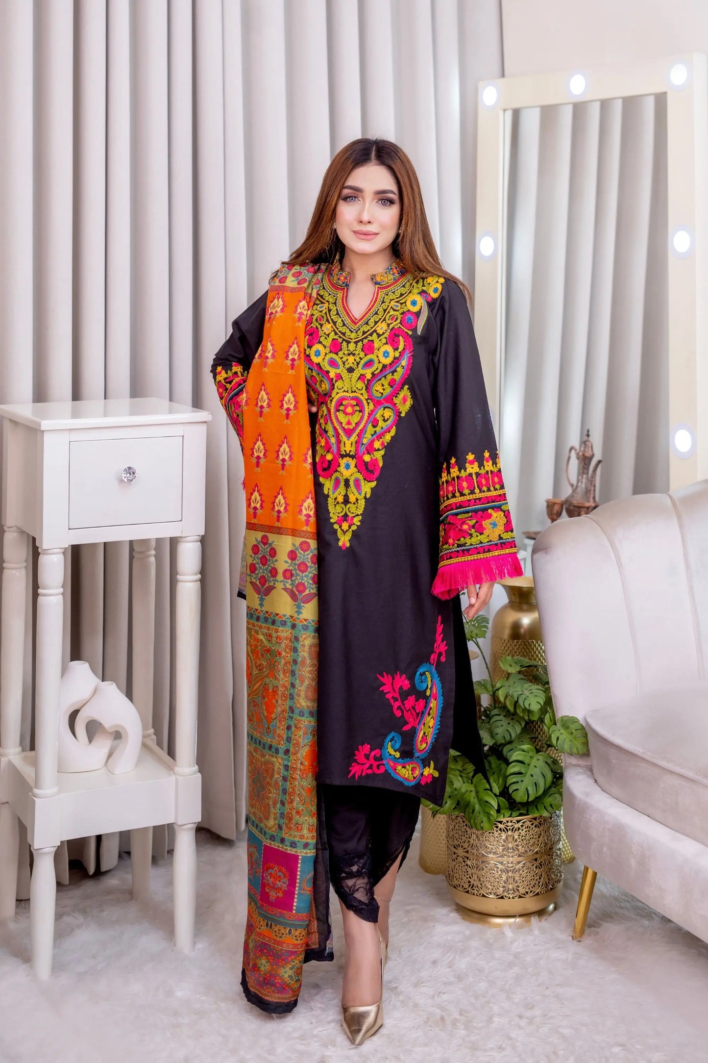 Midnight Black Multicolor Embroidered Three Piece