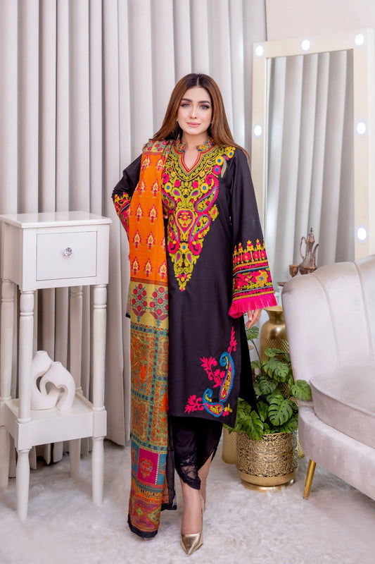 Midnight Black Multicolor Embroidered Three Piece
