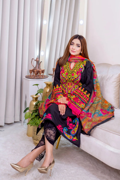 Midnight Black Multicolor Embroidered Three Piece